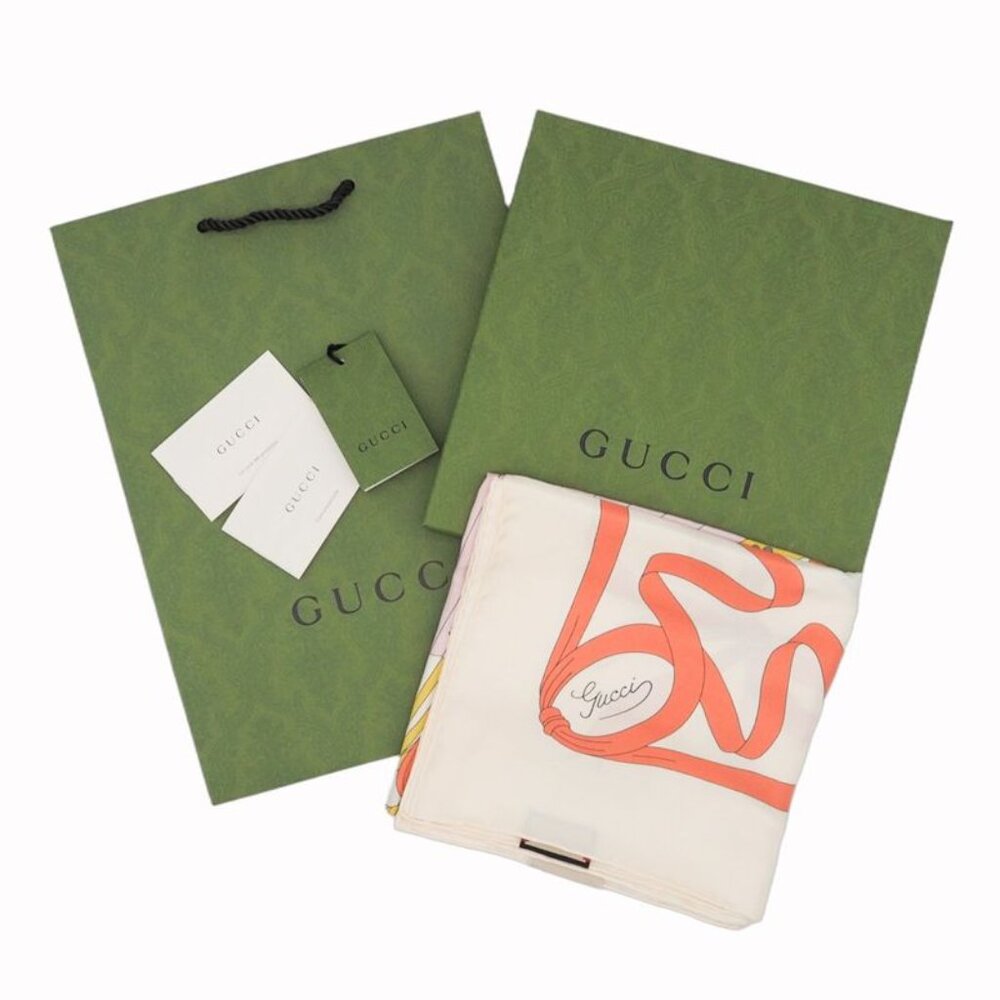 Gucci Printed Silk Scarf Ca Fly Swan 90 X90 fan Swan Bird Ribbon Ivory - Picture 12 of 12